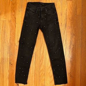 Studded straight fit high waisted denim jeans